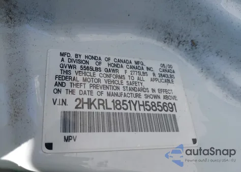 2000 Honda Odyssey Lx из США, поврежденный, VIN 2HKRL1851YH585691